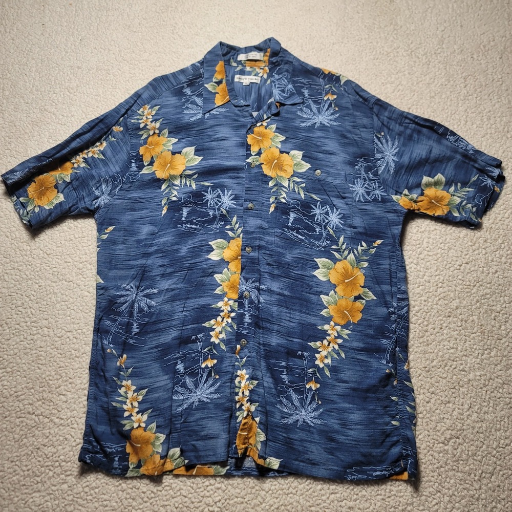 Pierre Cardin Mens Large Blue Rayon Hibiscus Floral Palm Tree Hawaiian Shirt L